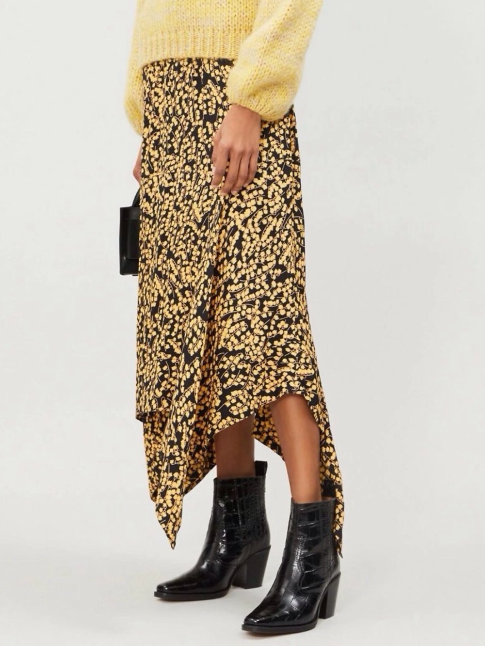 Ganni Black and Yellow Floral Asymmetrical Midi Skirt